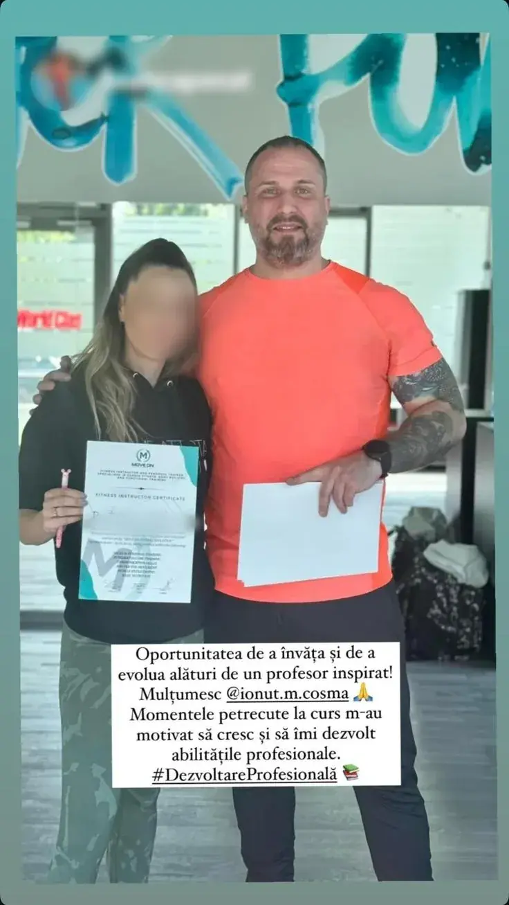 Story de Instagram al Biancăi: cu certificatul de instructor de fitness, lângă Ionuț Cosma