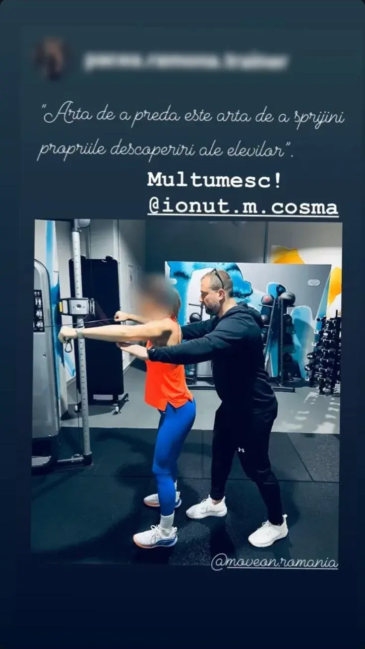 Story de Instagram al Ramonei: Ionuț Cosma îi corectează poziția la aparatul cu cabluri, cu un mesaj de mulțumire